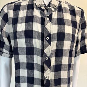 Heritage 100% Linen Shirt in classic gingham/checkered dark navy pattern.